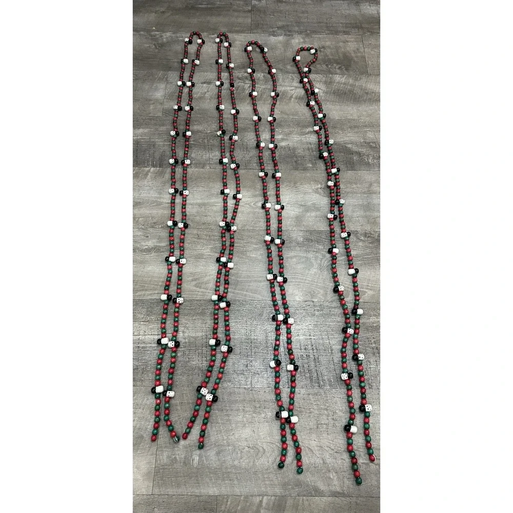 4 Garland Strands Red Green White Wood Wooden Beads Christmas Snowman 102